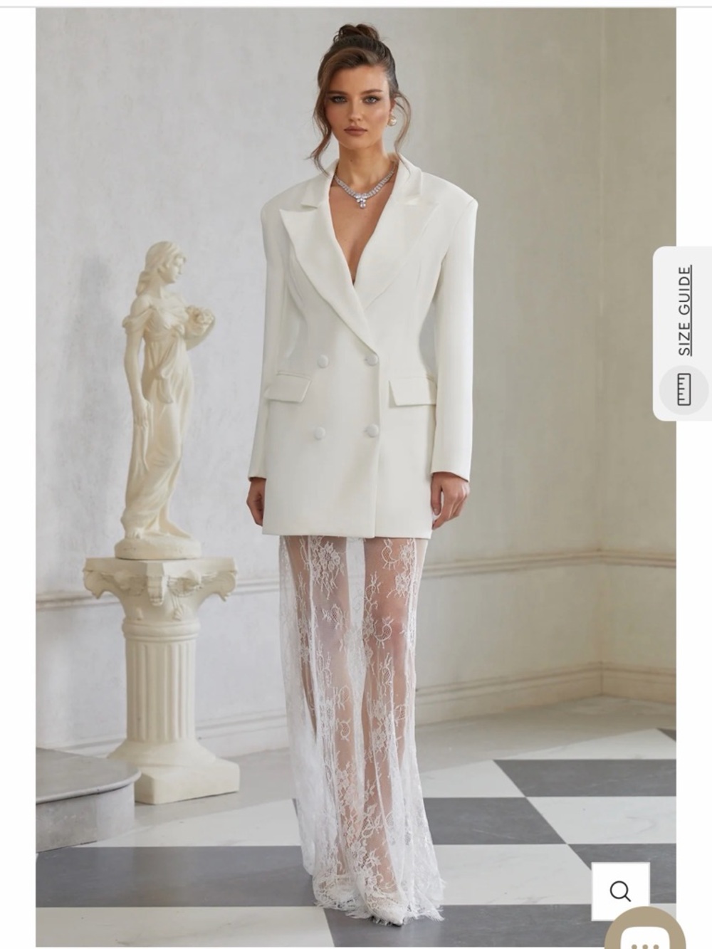 Elegant White Long Sleeve Blazer Dress with Lace Skirt